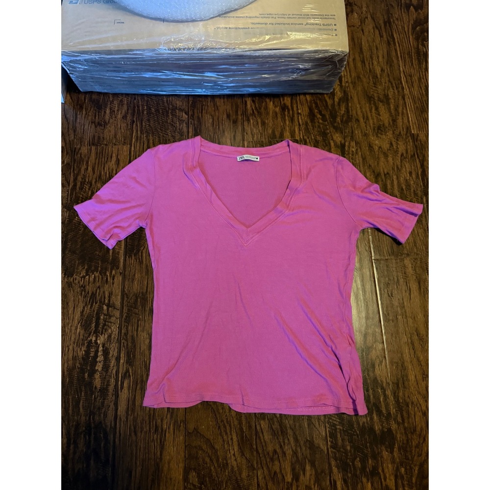Zara Womens Magenta Pink Ribbed V-Neck Short Sleeve T-Shirt Top Size Large